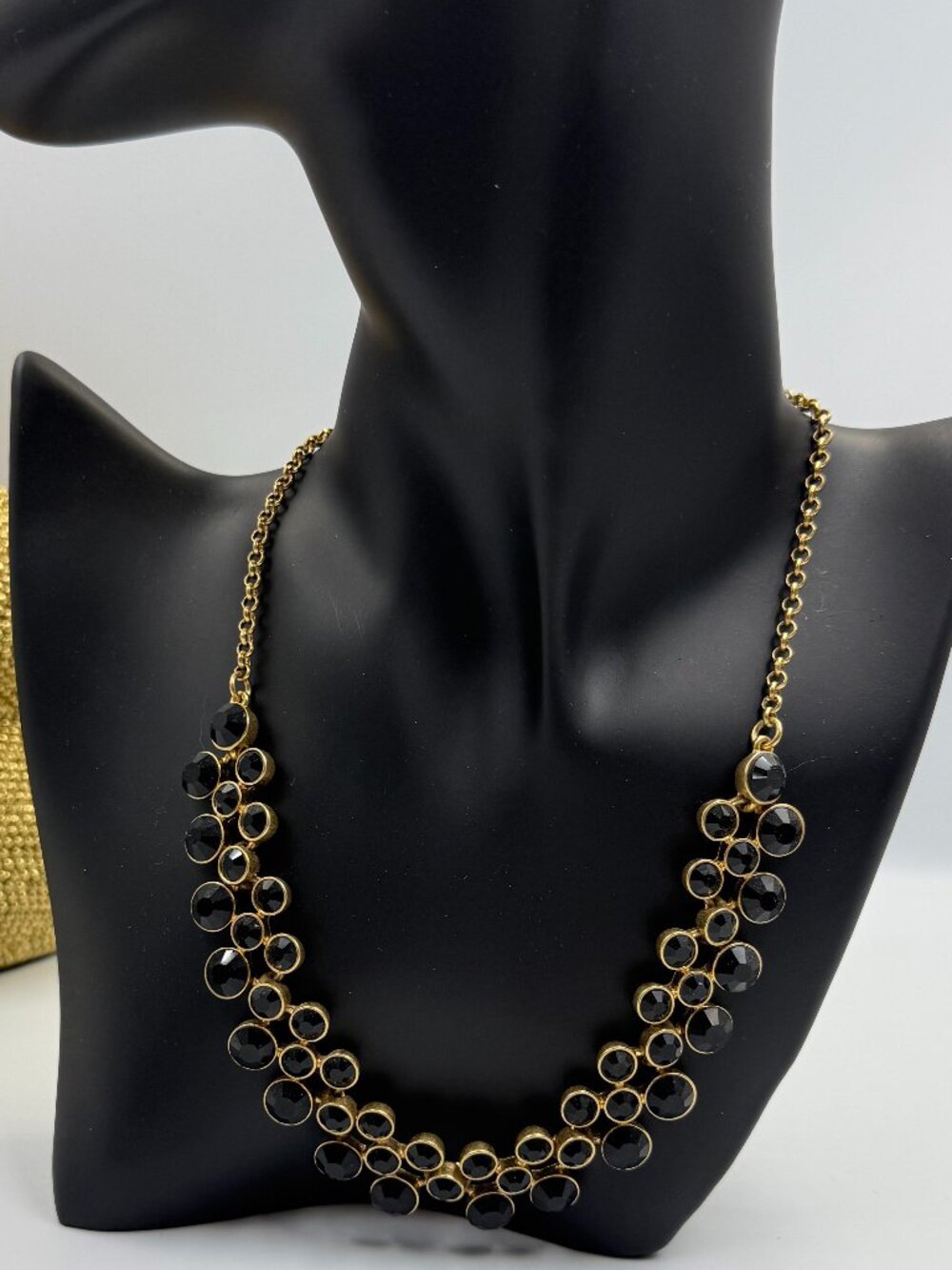 J.Crew Black Faceted Crystal Gold Tone Statement Bib Necklace, Adjustable